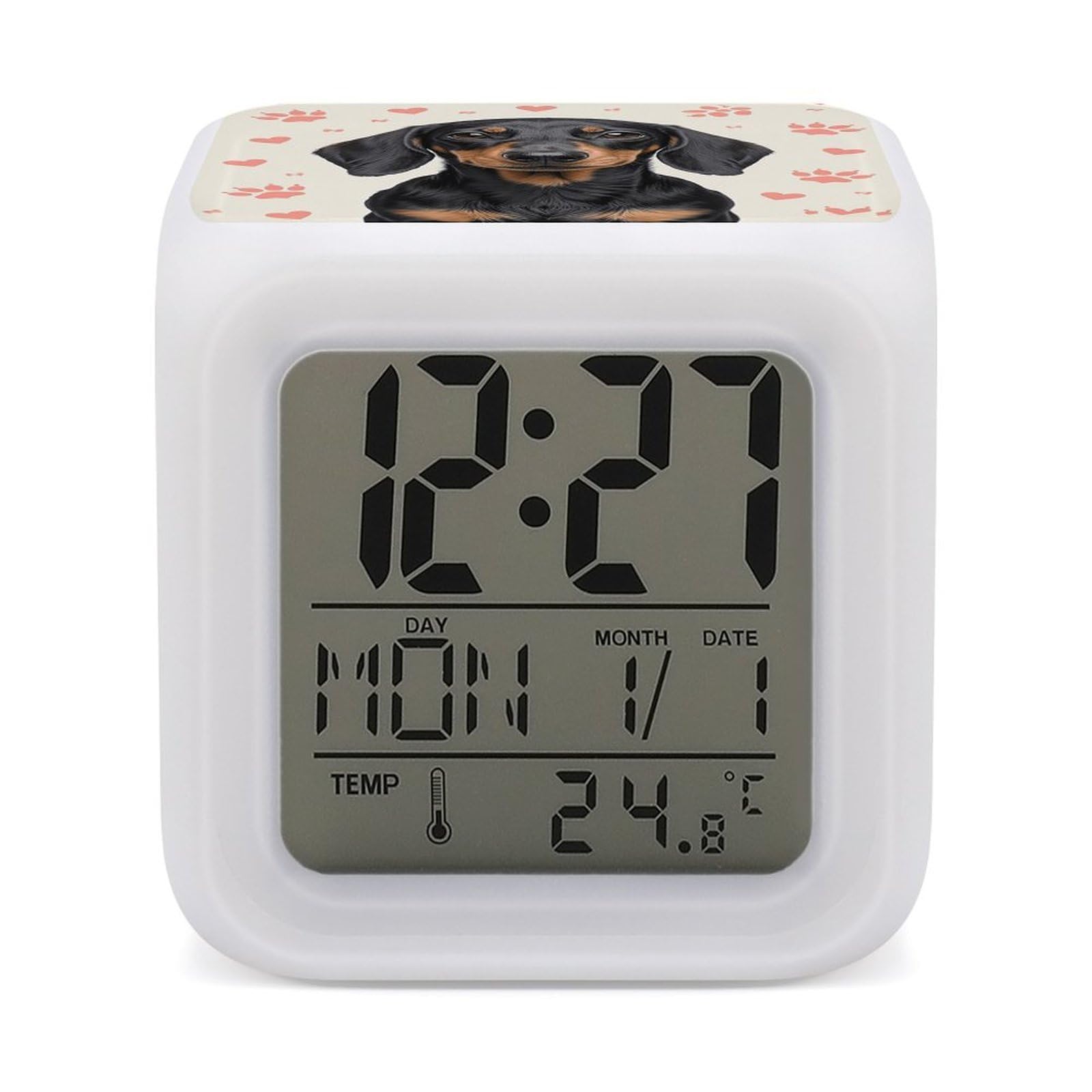 Lámpara de mesita de noche y reloj digital de perro salchicha para dormitorios infantiles