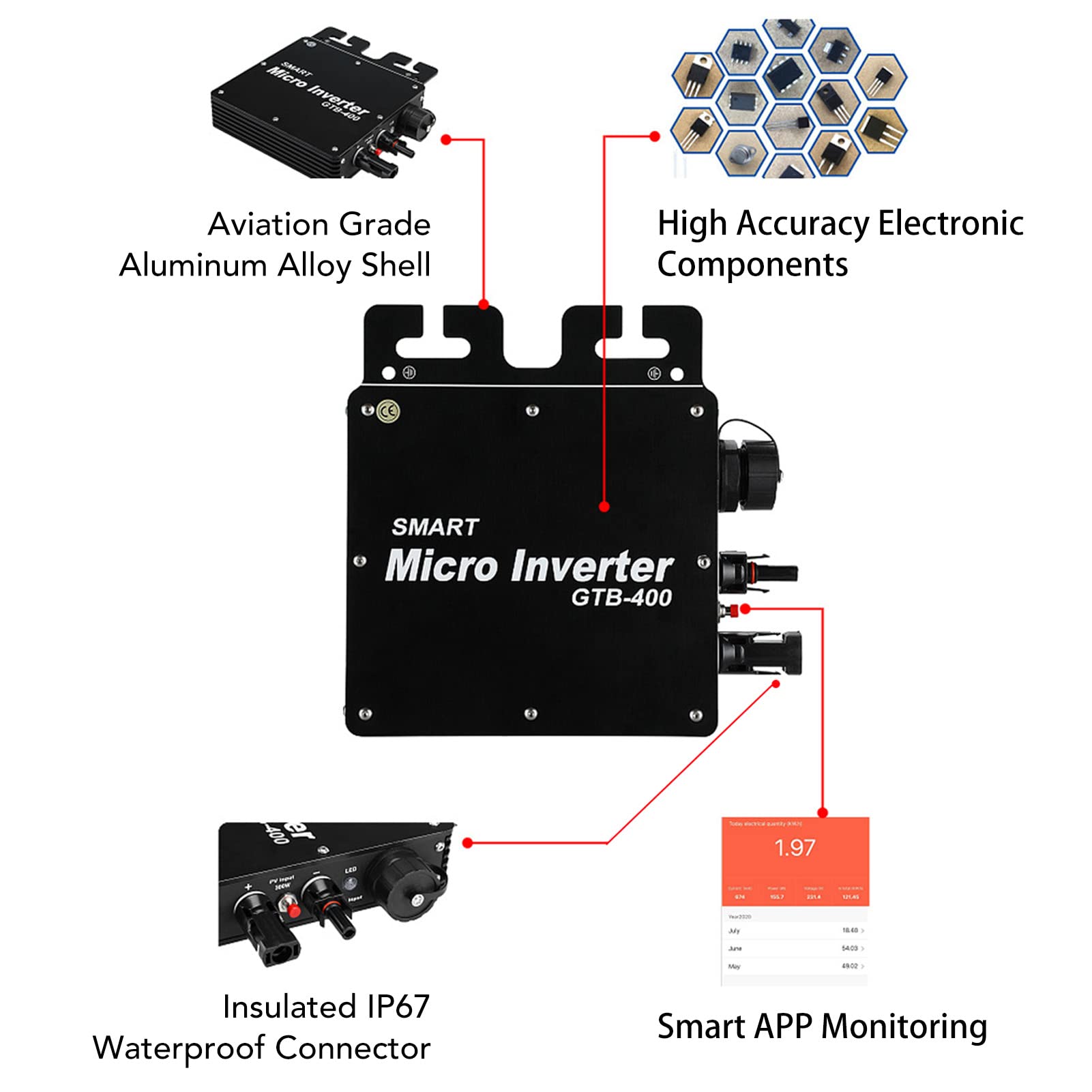 Micro-Onduleur Solaire 400 W, Onduleur Solaire éTanche MPPT, Contrôle WIFI, Identification Automatique de L'onduleur Solaire 120 230 V Le noir