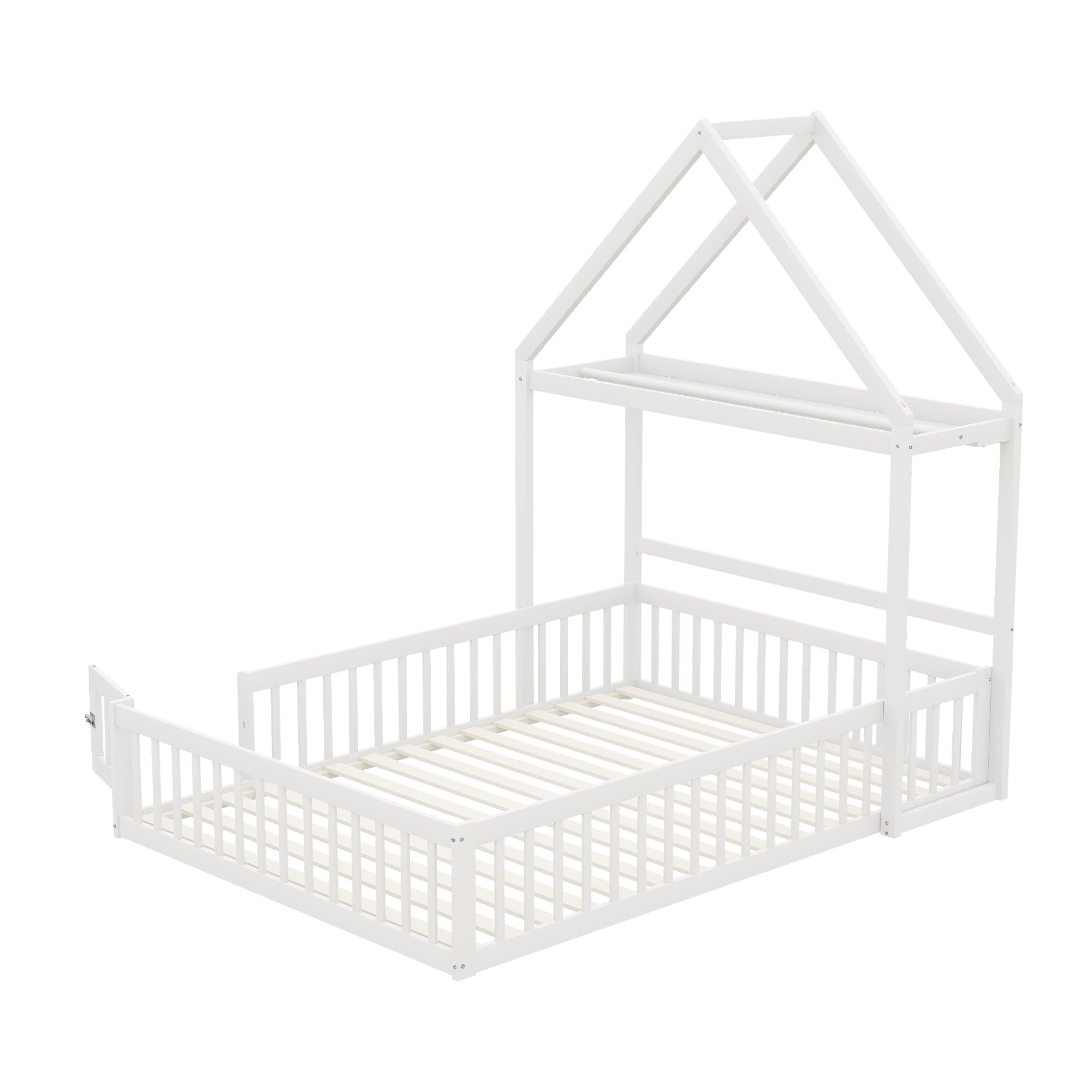Merax Lit Enfant 140x200 cm Cabane au Sol avec Protection Antichute et Rangement Blanc