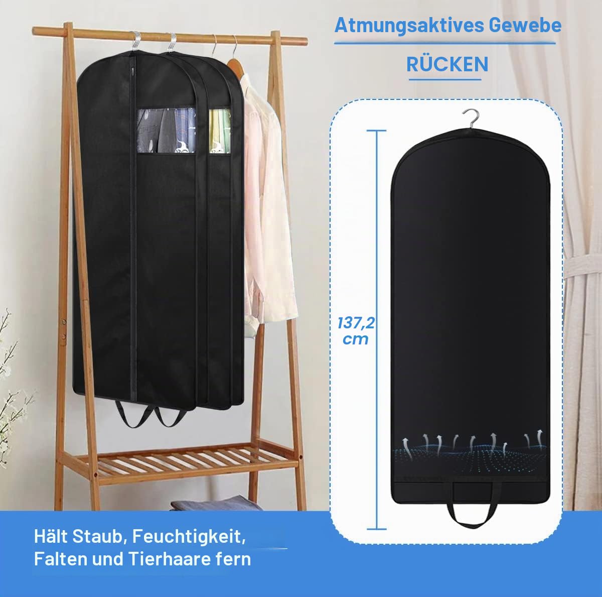 MISSLO 137 Cm Kleidersäcke Lange Anzugtasche Herren, Kleiderschutzhülle Mottensicher mit Tragegriffen für Aufbewahrung Mäntel, Kleider, Anzug, 3 Stück, Schwarz