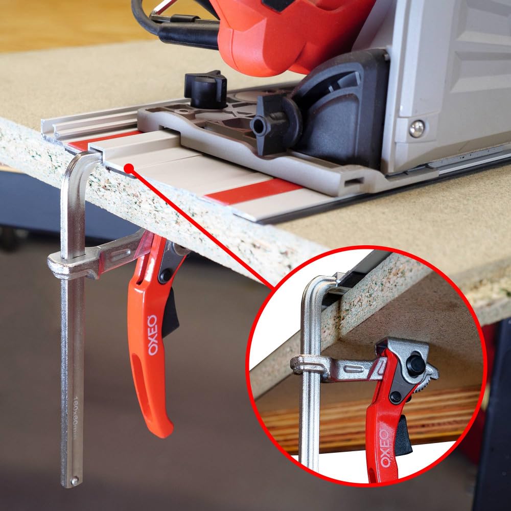 Serre joint à levier 160mm X2 - rapide adapté rail de guidage - Pince table à cliquet - Saillie 60mm - Acier - Ponçage, coupe