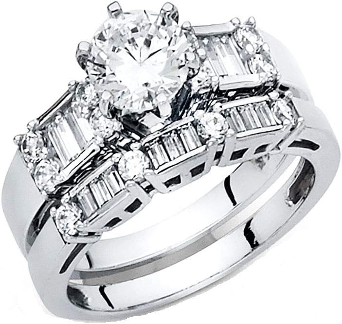 14k White Gold Wedding Engagement Ring and Wedding Band 2 Piece Set