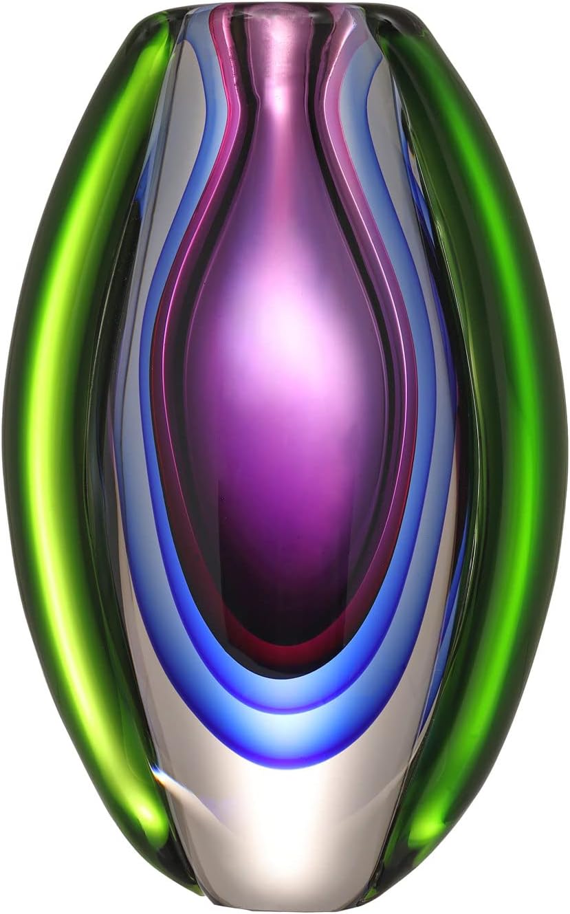 Hand Blown Sommerso Oval Art Glass Vase for Decor Centerpiece Table Decoration Purple 8.5 inch Tall