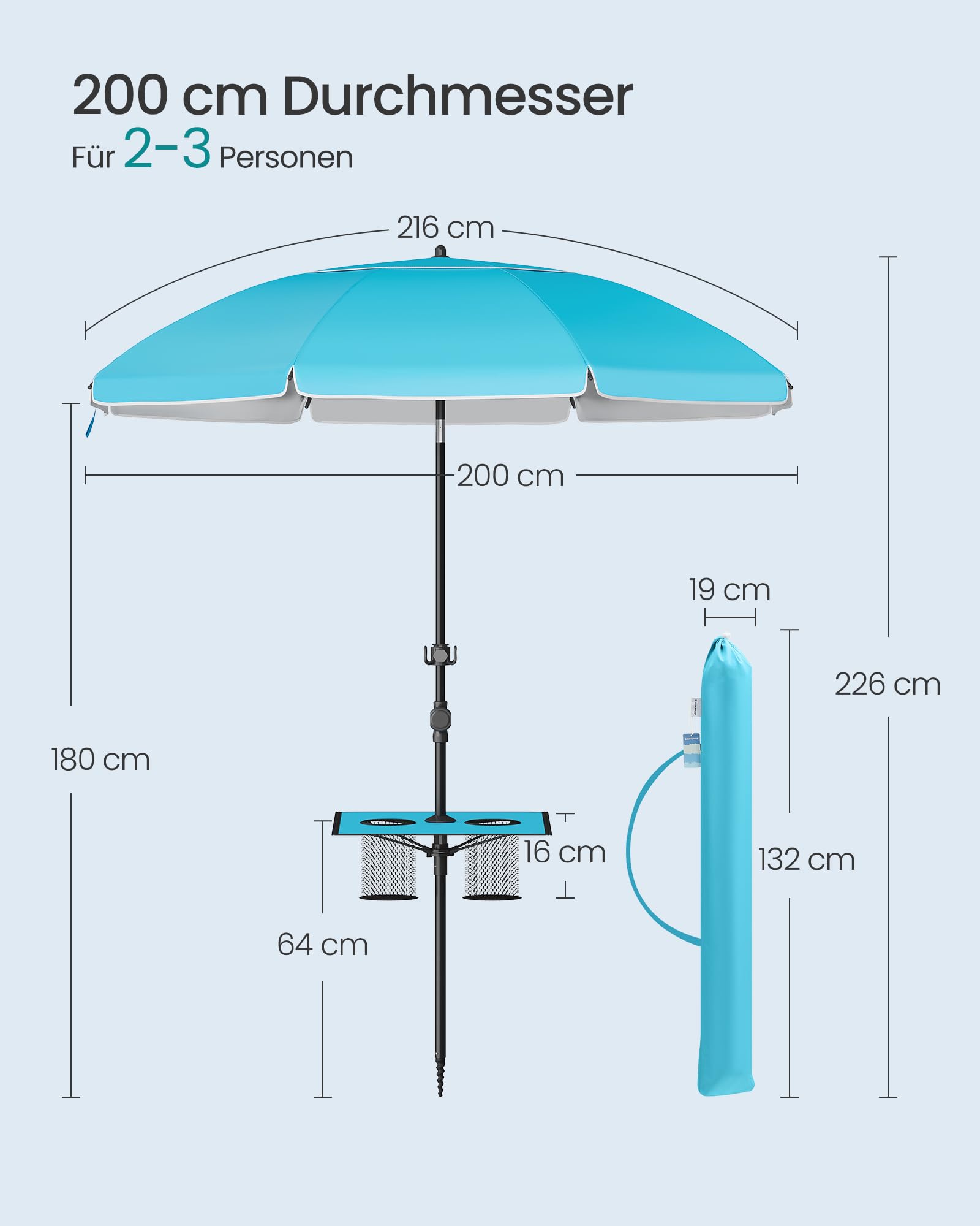 SONGMICS Sonnenschirm 200 cm, Strandschirm, Sonnenschutz UPF 50+, beidseitig um 30° knickbar, höhenverstellbar, Ablagefläche, Haken, für Strand, Garten, ohne Ständer, blau GPU0082Q01
