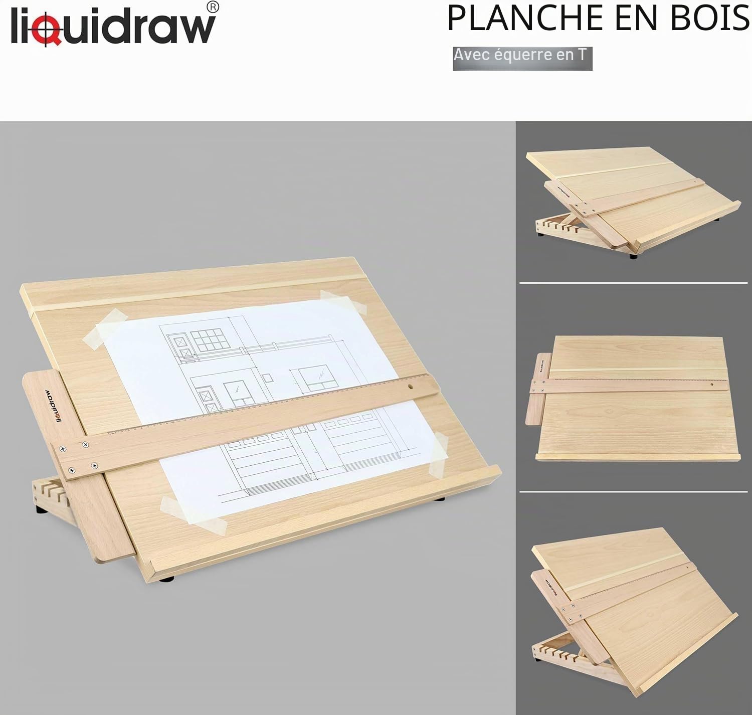 Liquidraw Planche à dessin d'artiste A2, planche à dessin d'art en bois massif réglable à 6 angles avec règle carrée en T de 60 cm, chevalet de table portable pour dessin 25,5" x 18,5"