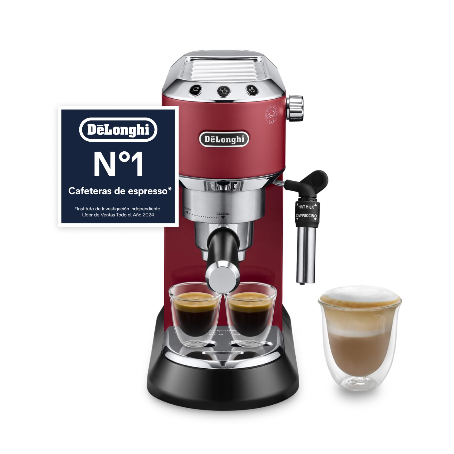 De'Longhi Dedica - Cafetera de Bomba de Acero Inoxidable para Café Molido o Monodosis, Cafetera para Espresso y Cappuccino, Depósito de 1.3 Litros, Sistema Anti-goteo, EC685.R, Rojo
