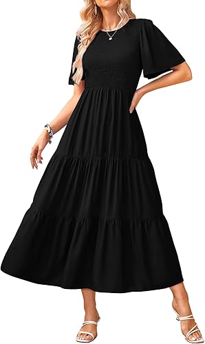 KIRUNDO Summer Dresses for Women 2026 Spring Casual Flutter Short Sleeve Wedding Guest Smocked Flowy Tiered Aline Midi Dress