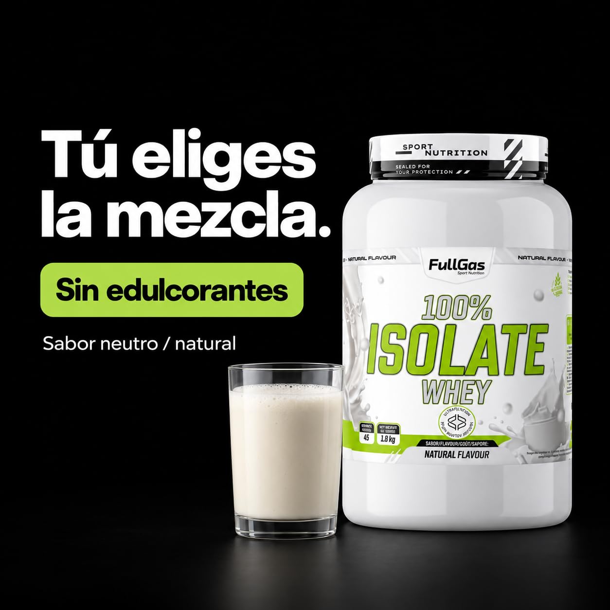 FullGas 100% Isolate Whey Proteína de Suero Aislada Neutro Sin Gluten Apta para Vegetarianos 1,8kg