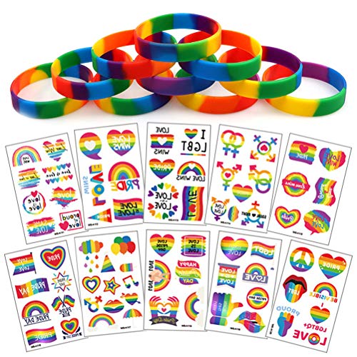 Vankcp Pride Rainbow Stickers 10Pcs Colored Bracelets 74 Pieces Patterns Temporary Tattoo Rainbow Body Paint Flag Stickers Set for Party,Celebrations