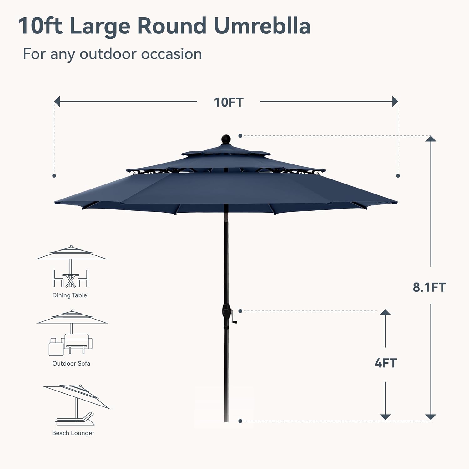 PHI VILLA 10ft Outdoor Patio Umbrellas for Outside, 3 Tier Vented Market Table Umbrella Windproof for Backyard, Deck, Garden, 1.5" Pole, Dark Blue（No Base）