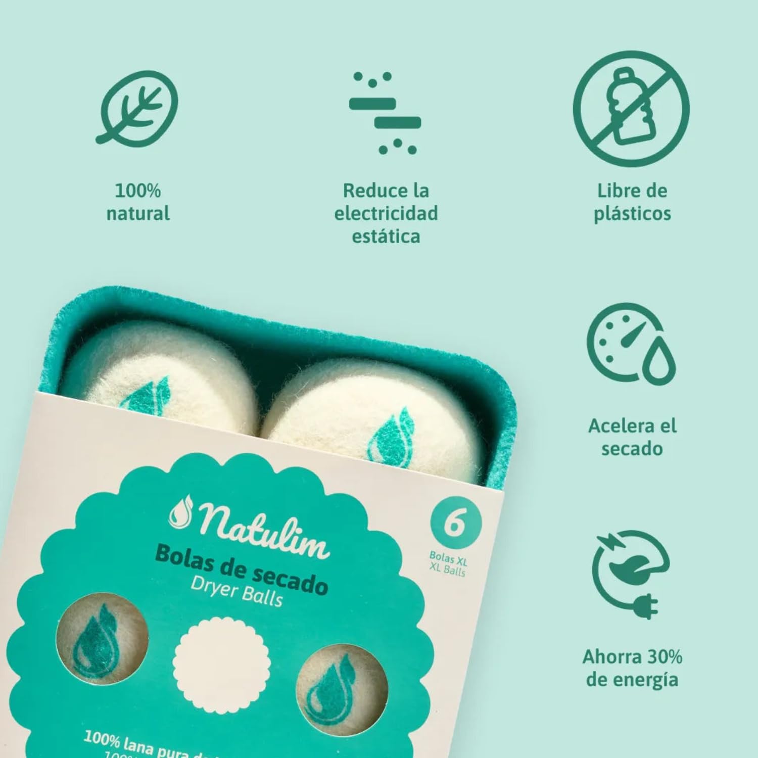 Natulim Bolas de Lana para Secadora 6 Pack XL - Suavizante de Tela Natural, Reutilizable, Reduce las Arrugas de la Ropa y Ahorra Tiempo de Secado - Solución Ecológica, Libre de Plástico, Cruelty-Free