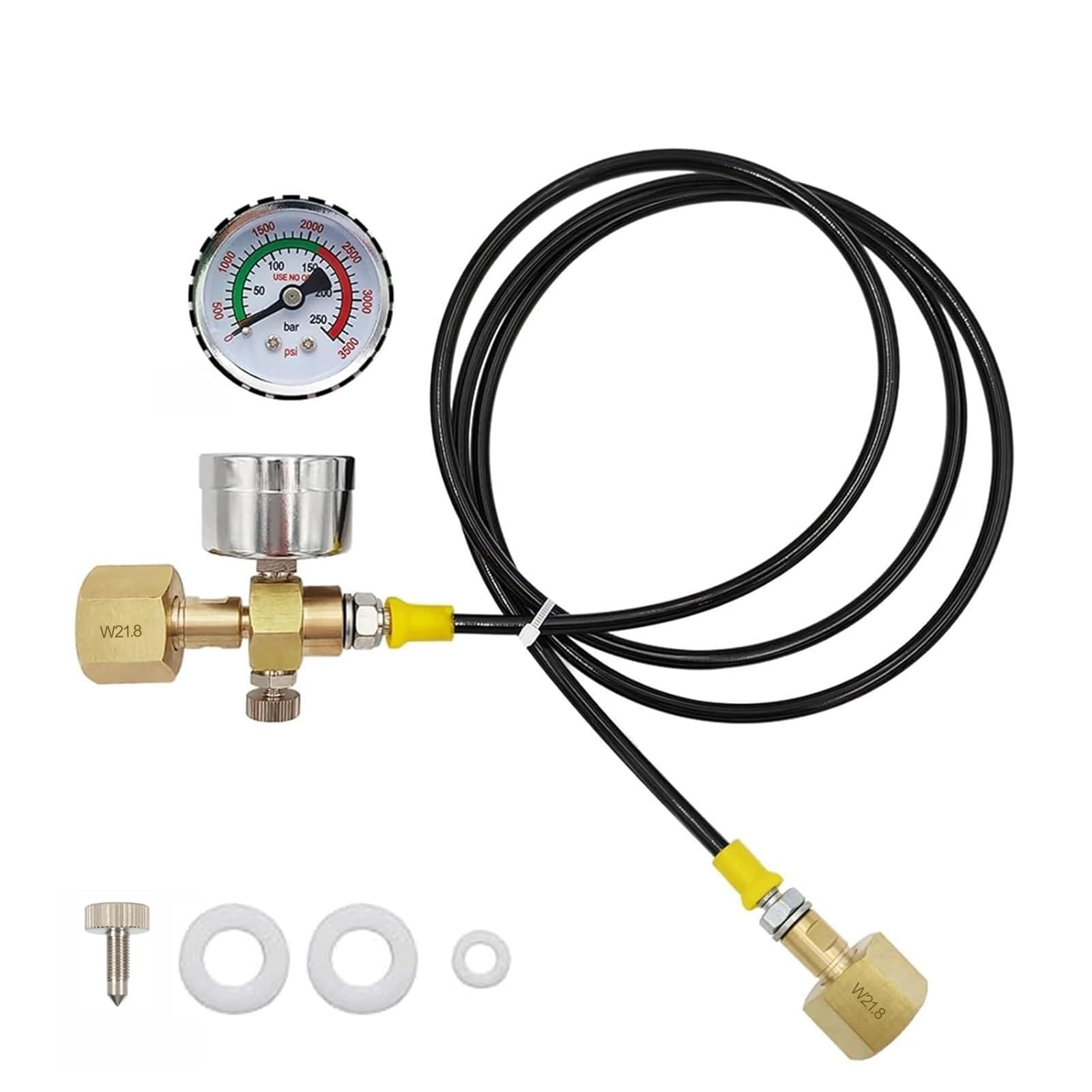 Manguera de CO2 1.5m W21.8-14 DIN477, Adaptador de Tanque de CO2 con Manómetro de 3500 PSI y Válvula de Alivio de Presión para Estaciones de Llenado de CO2 y Suministro de Argón y Nitrógeno