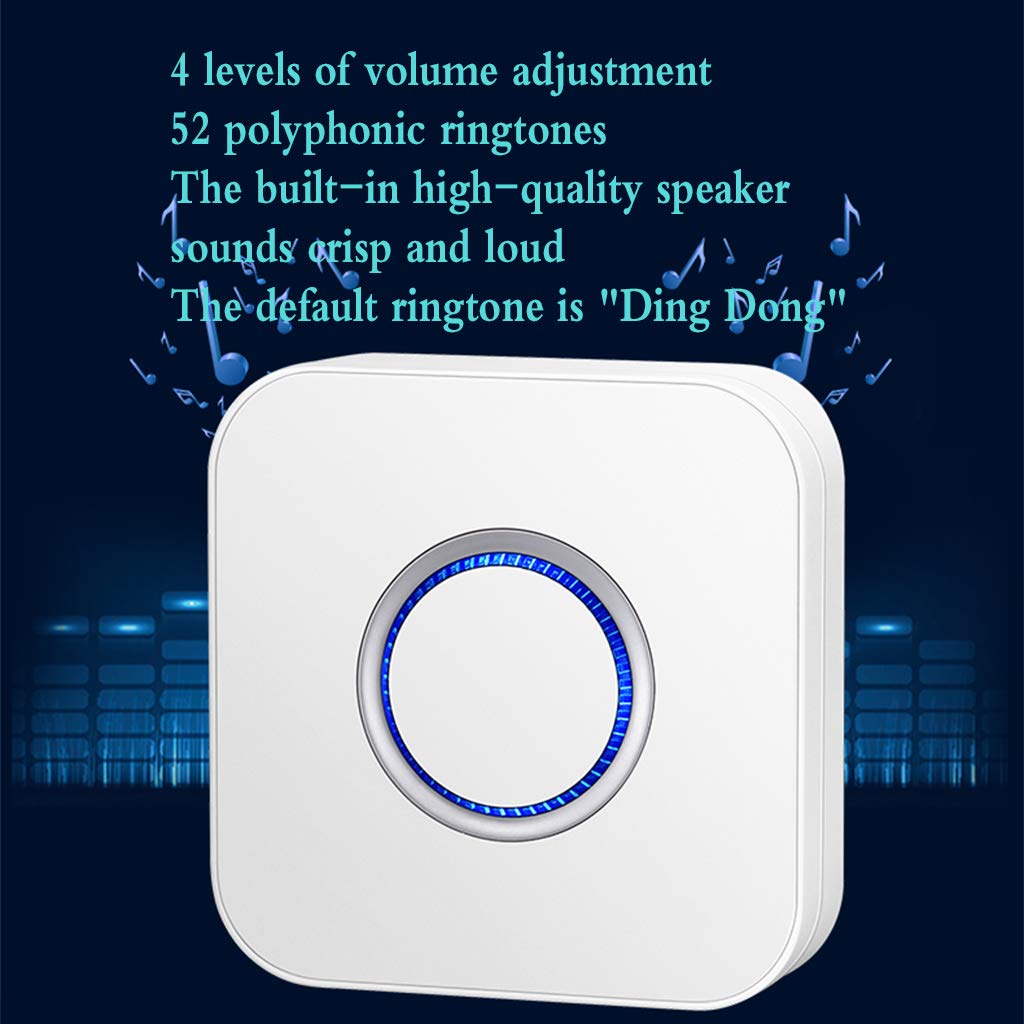 Timbre inalámbrico Impermeable, Kit de Timbre de Puerta inalámbrico con Enchufe de Pared y Alcance de 457 m, 52 melodías a Elegir, 2 pulsadores y 1 Receptor enchufable.
