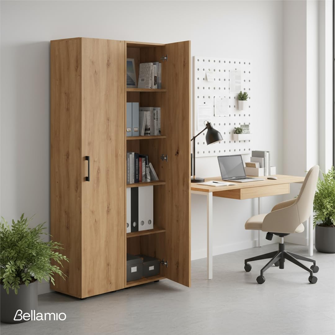 Bellamio Apol Aktenschrank 40 cm, mit 5 Fächern, Eichenoptik aus Holz | Mehrzweckschrank breit, Hochschrank schmal, Aufbewahrungsschrank & beidseitig montierbare Tür, Büroschrank, Flurschrank