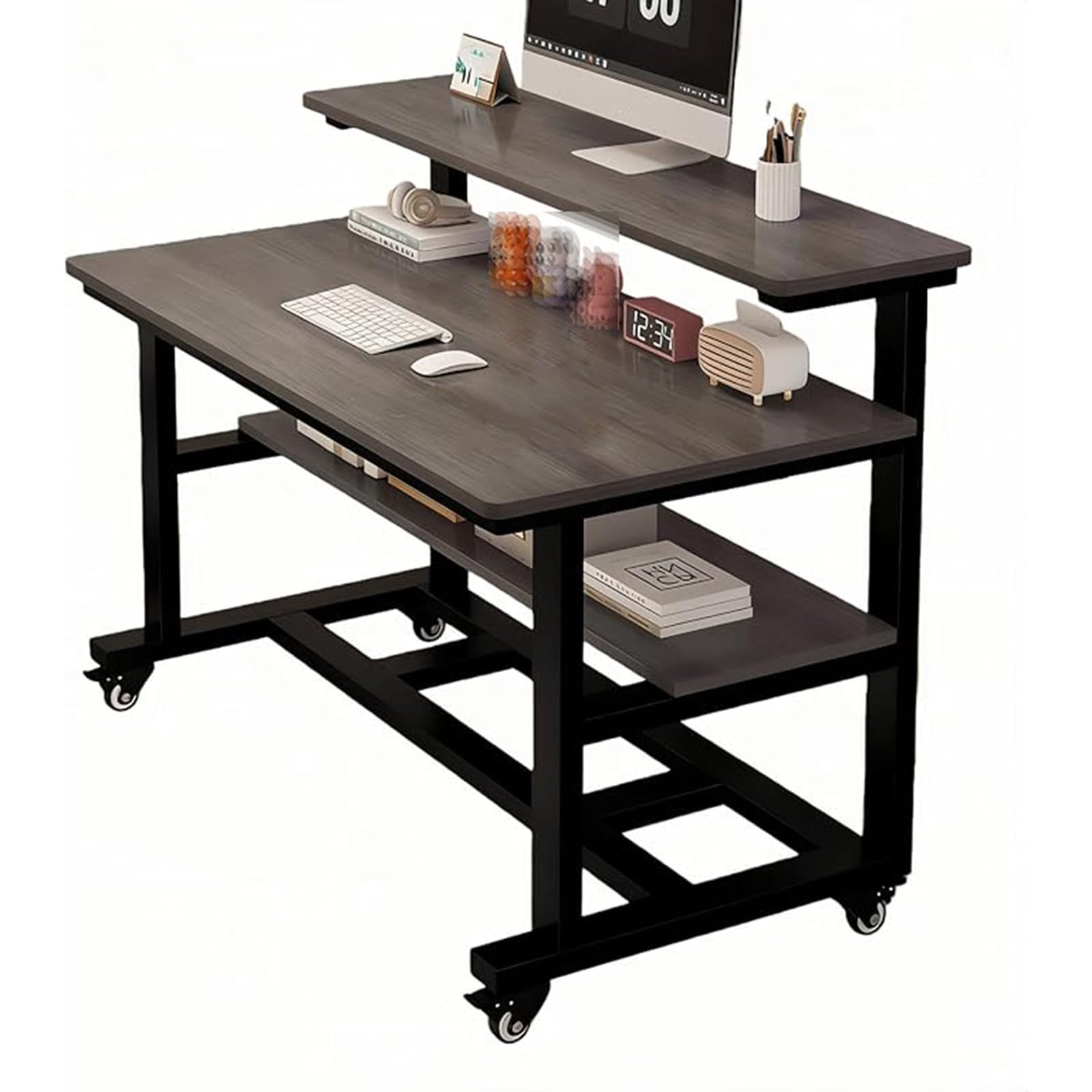 Petit Bureau et Poste de Travail Mobile à roulettes avec étagère intégrée pour Bureau, Salon, Maison, Table d'appoint compacte B, 100 cm
