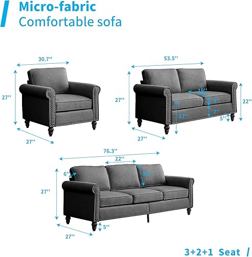 Miniatura 2 de Mjkone - Juego de sofá de 3 piezas para sala de estar, sofá seccional moderno y sofá cama con forma de calabaza, patas de madera, tela de lino