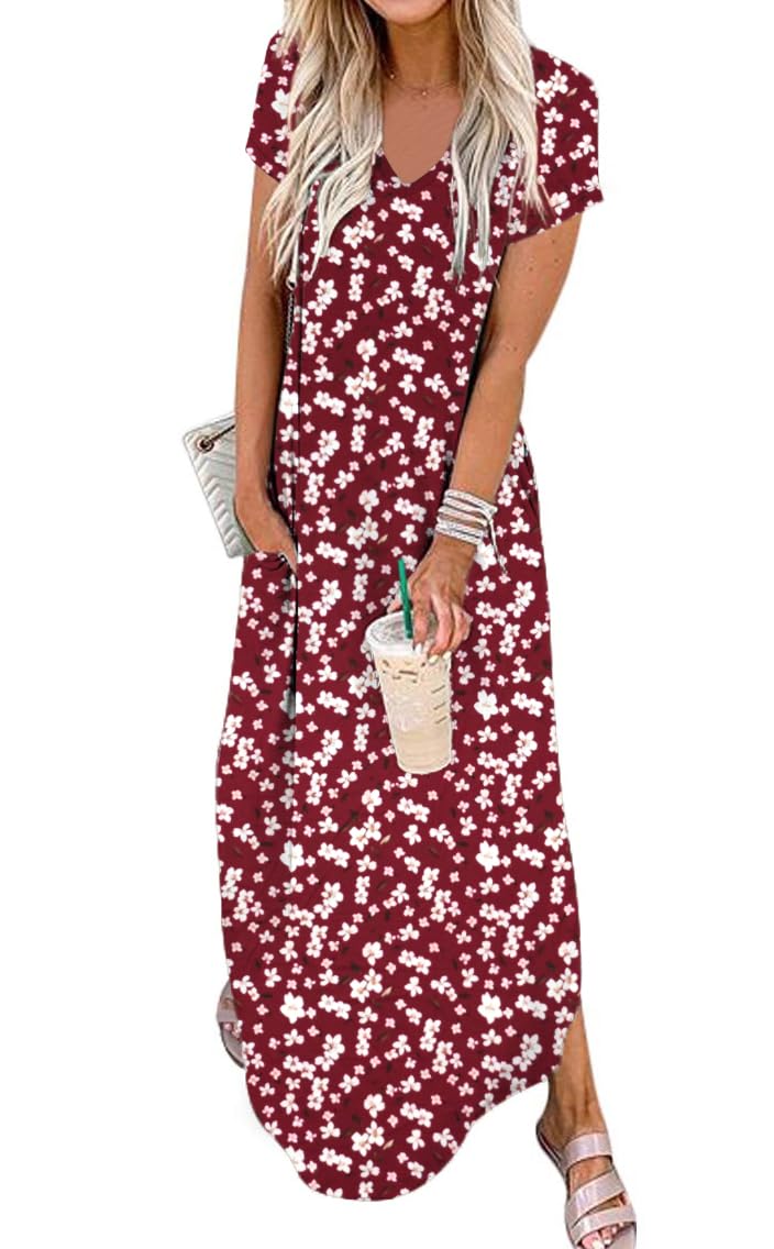 Jeqeocafy Women Summer Long Sundress Crewneck Short Sleeve Maxi Dress 2026 Casual Loose Beach Dress with Pockets