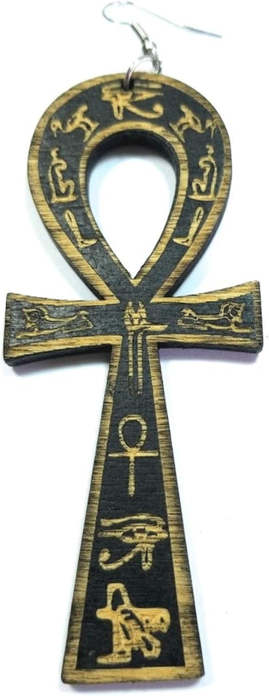 Teri's Boutique Egyptian Ankh Cross Wood Engraved Ancient Symbol of Life Fashion Jewelry Dangle Earrings - Image 2
