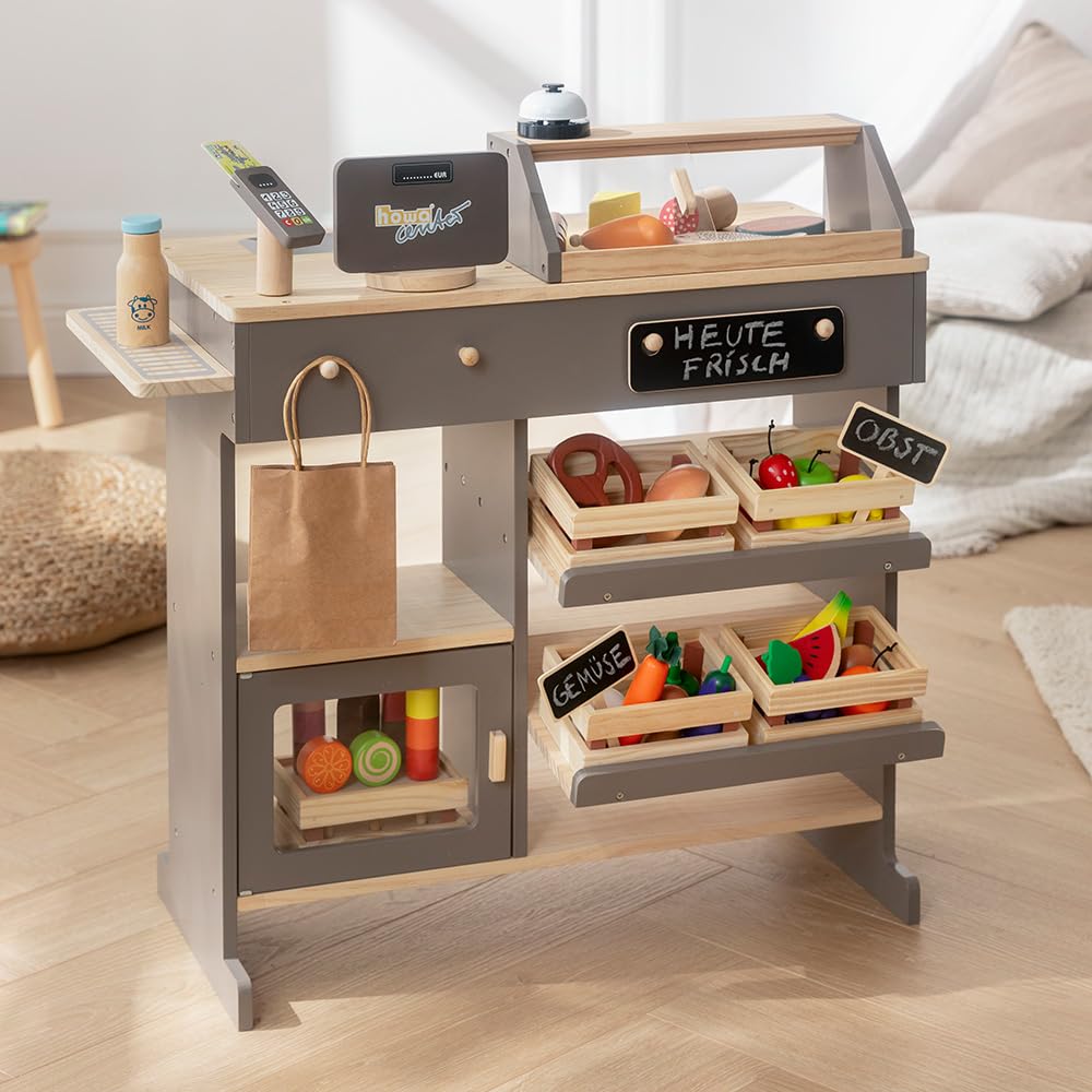 howa Kaufladen Holz Kaufmannsladen mit 40-teiligem Kaufladen Zubehör 14755 | Holzspielzeug Kinderkaufladen mit 40-teiligem Kaufladenzubehör, Spielkasse mit Spielzeugkartenleser, Kreidetafel natur/taupe