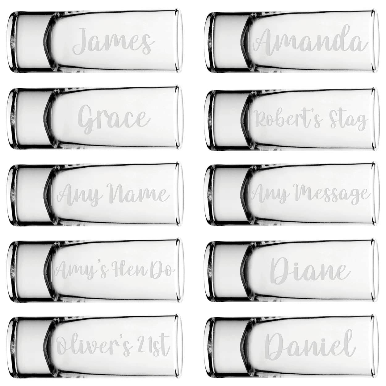 Gift Base Personalised Name Shot Shooter Glass Tall Double 60ml Any Name Message Multi Pack 5, 10, 20, 30, 40, 50, 100 Glasses Stag Hen Do Wedding Favour Birthday Tequila Rum Gin Whisky