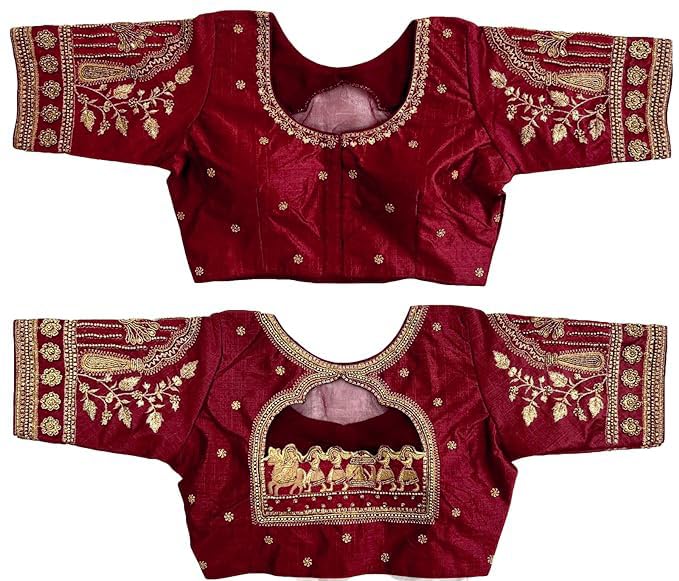 Pujia Mills Women's Golden Zari Embroidery Work with Heavy Maggam Work Half Sleeve Milan Silk Blouse(Ruby Maroon_38) 3
