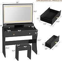 Vista 3 de COMHOMA Escritorio de tocador con espejo y luces, juego de mesa de tocador y silla con 4 cajones y estación de carga, cómoda de dormitorio