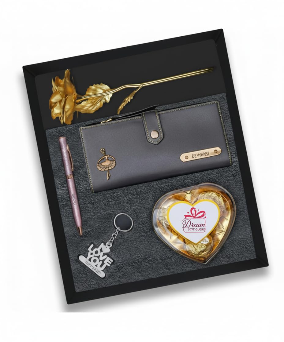 Personalized Gift Hamper for Women | Customized Name Wallet Combo with Golden Rose, Pen, Keychain | Birthday, Valentine Gift (Black)-image-12