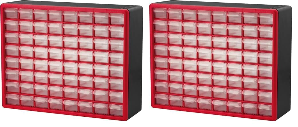 Akro-Mils 64-Drawer Plastic Drawer Storage Cabinet for Garage Organization, Bead Organizer, Building Bricks Storage, Teacher Toolbox, Makeup Organizer, 20-Inch W x 6-Inch D x 16-Inch H, 10164 Red