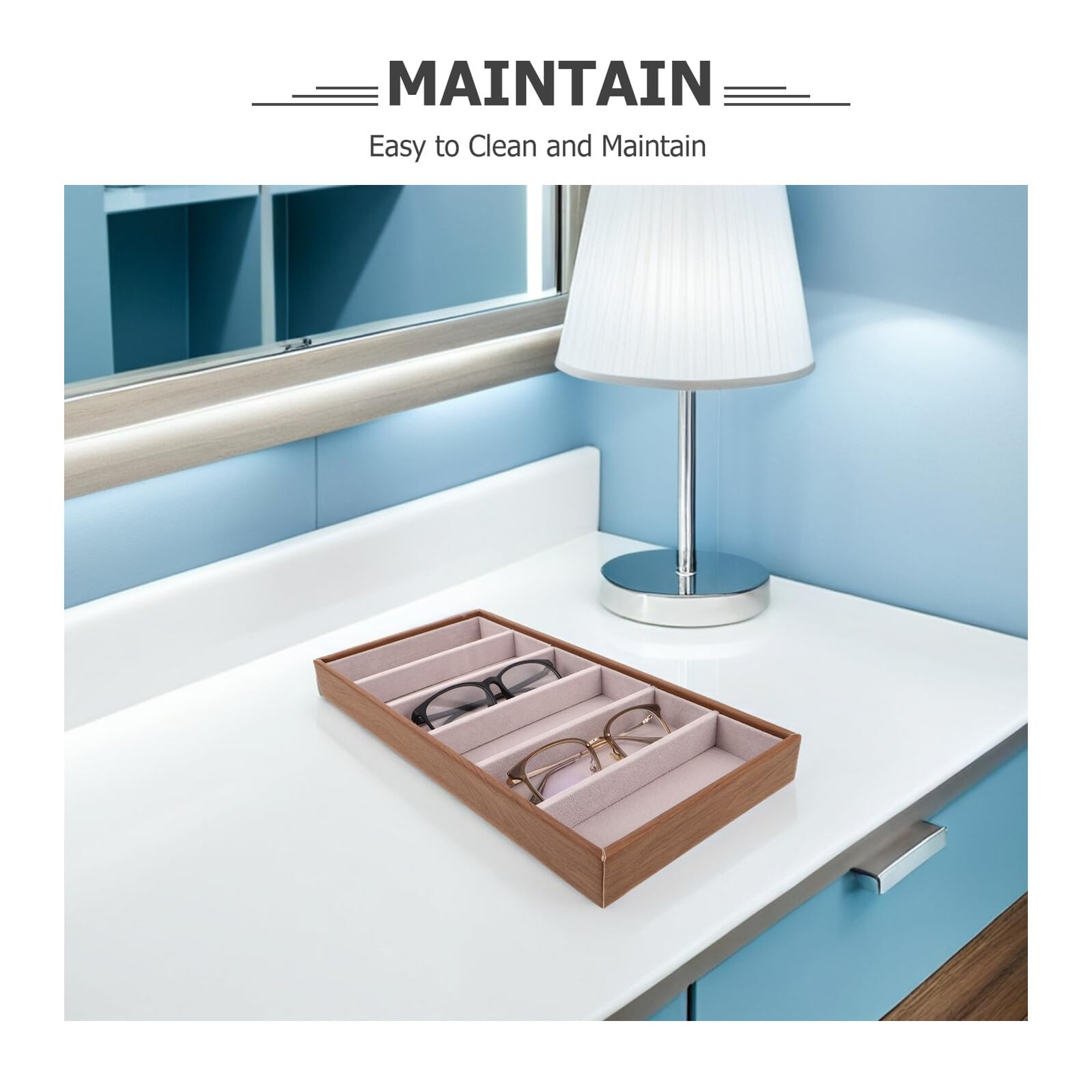 NOLITOY Soporte para Gafas de Madera Diseño de Veta Natural Bandeja Organizadora Dividida para Gafas de Sol Joyas y Relojes Estuche Multifuncional para Escritorio Protección contra