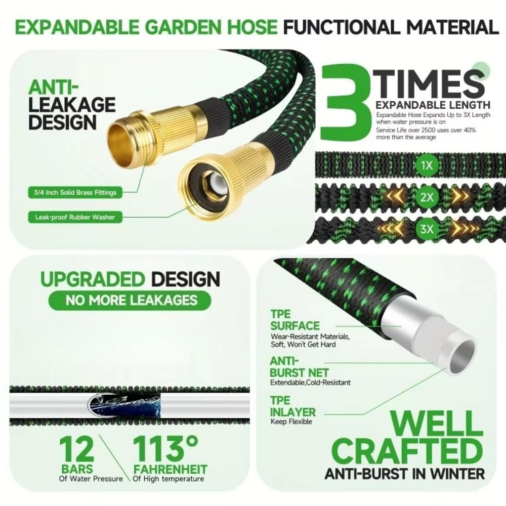 WESEN Tubo da Giardino Estensibile 7.5m/15m/30m/37.5m/45m, 37.5m Tubo Estensibile con connettore in ottone da 3/4" e 1/2", Tubo con Canna Acqua Giardino con ugello spruzzatore a 10 funzioni