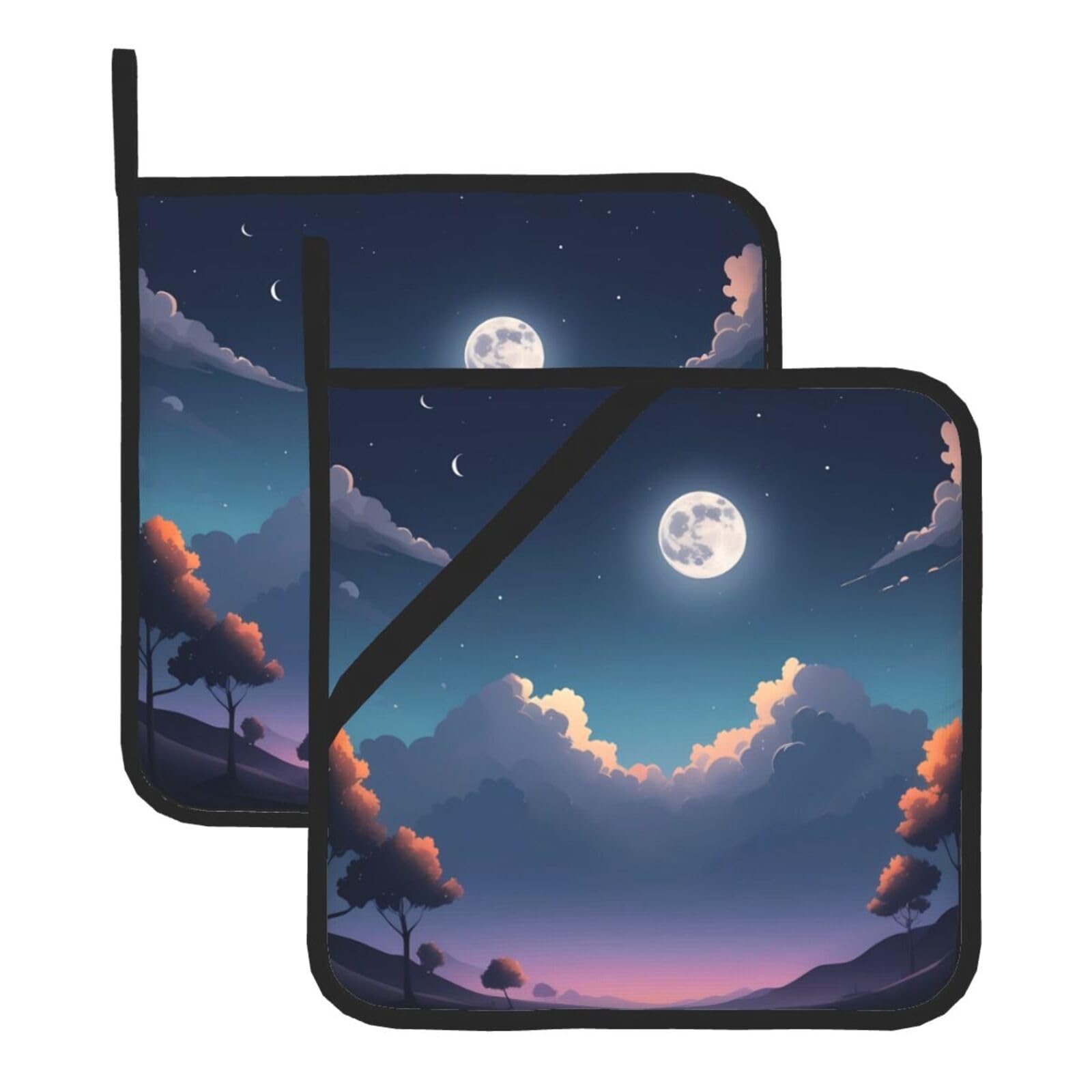 HJFCZH Sky with Moon Printed Square Insulated Pot Mat Set (2-Piece) 8x8in Waterproof, Thickened & Easy to Clean with Lanyard Design for Kitchen, Oven & BBQ