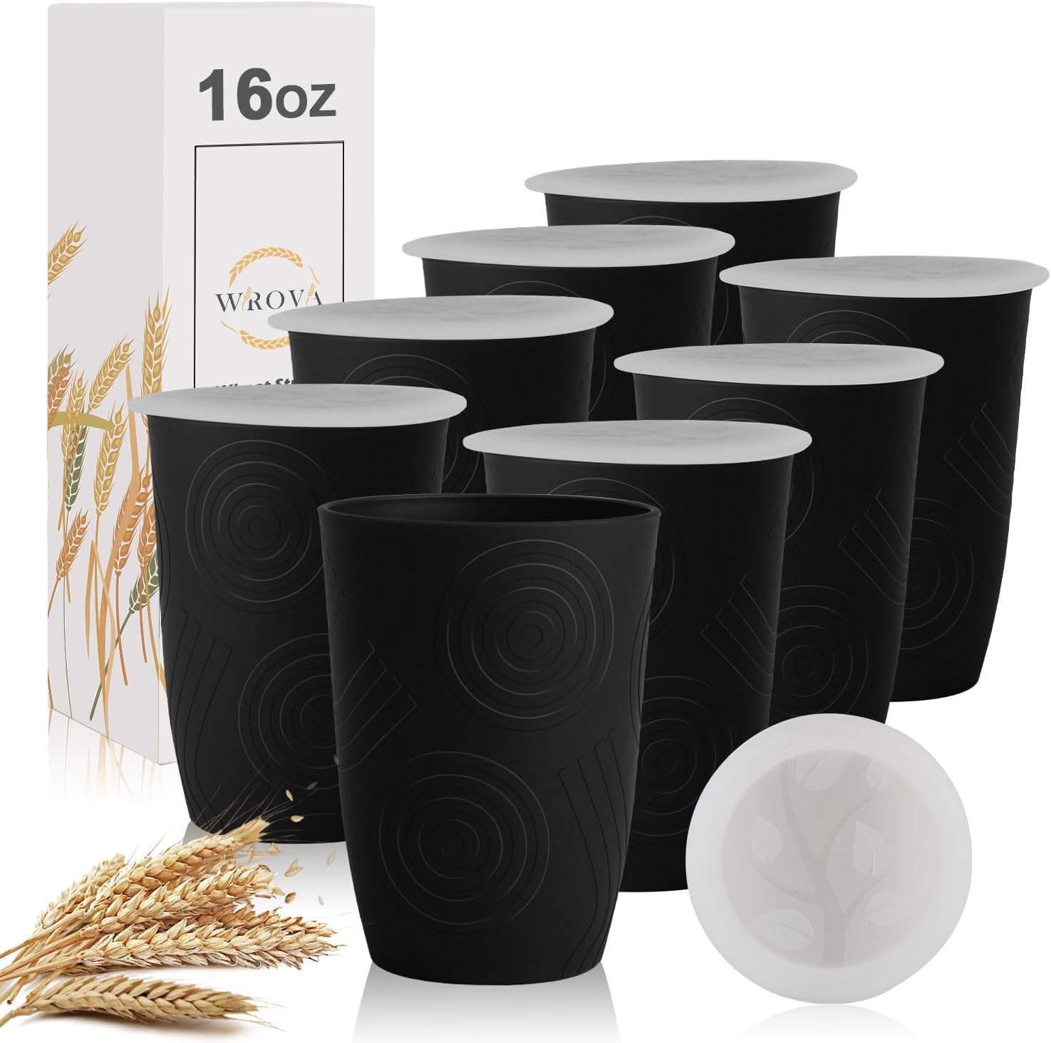 Wrova Wheat Straw Cups 16oz Set of 8 with Silicone Lids - Alternative Plastic Cups Reusable- Microwave & Dishwasher Safe -Unbreakable Plastic Drinking Cups for Kids - Black