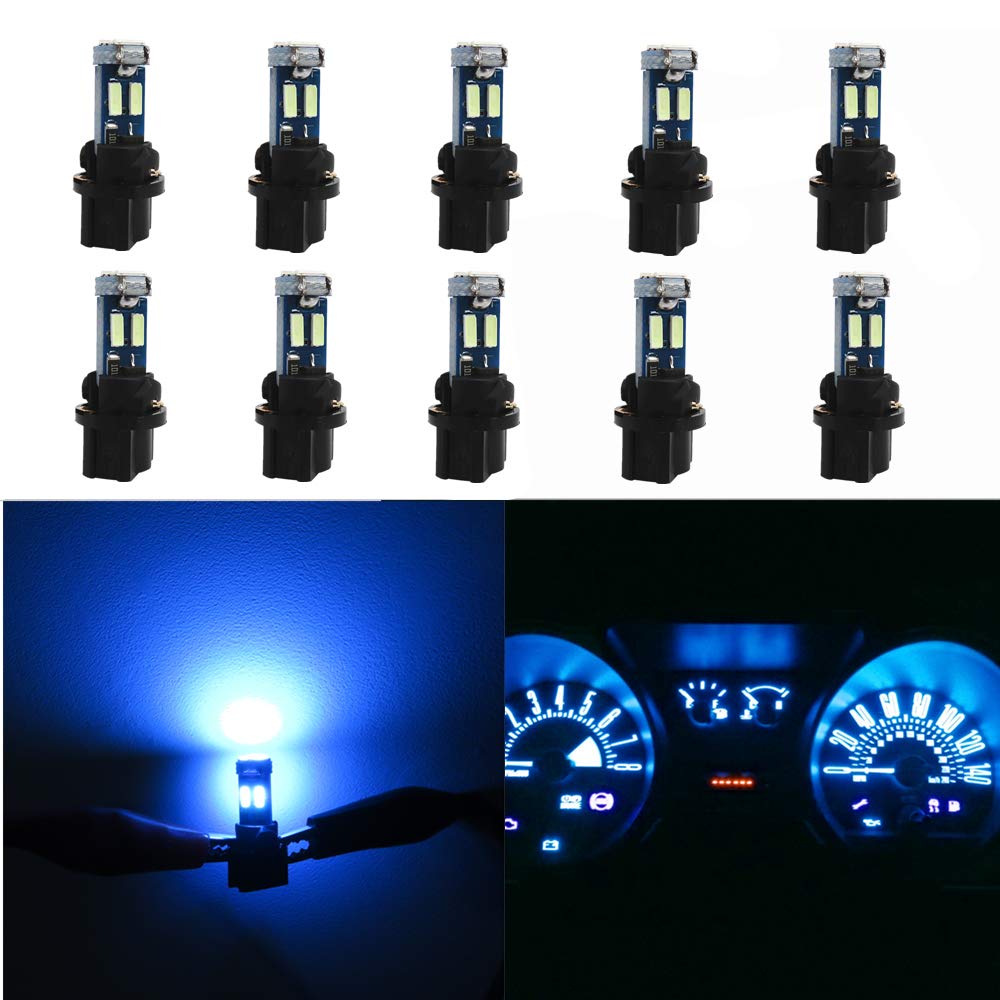 WLJH High Bright Ice Blue T5 Dash Light Bulbs Car Instrument Panel Cluster Speedometer Warning Indicator Shift Lights 73 74 286 2721 Led Bulb with PC74 Twist Lock Socket,Pack of 10