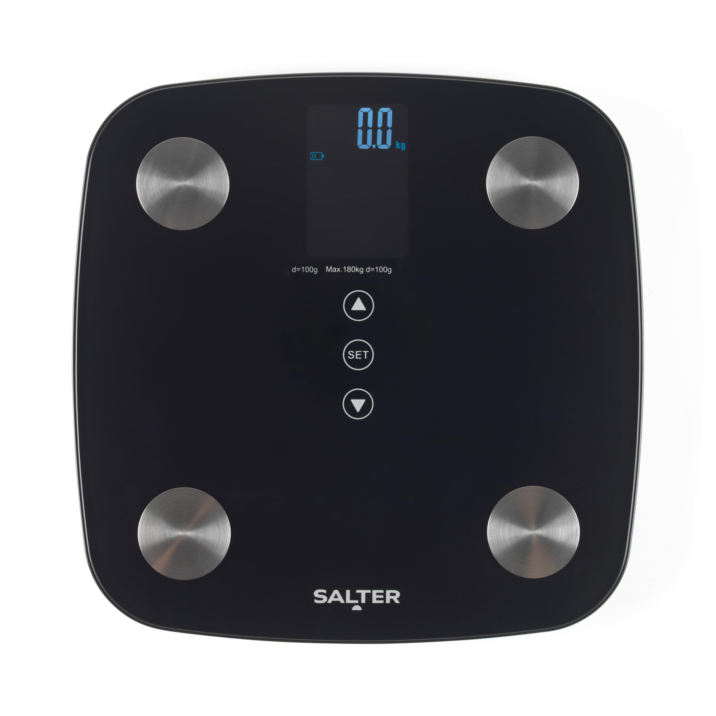 Salter Bilancia analizzatore digitale – Bilancia da bagno intelligente, grande display multi-lettura, 180 kg, 17 metriche della composizione corporea, 8 utenti, peso corporeo, grasso, acqua, massa