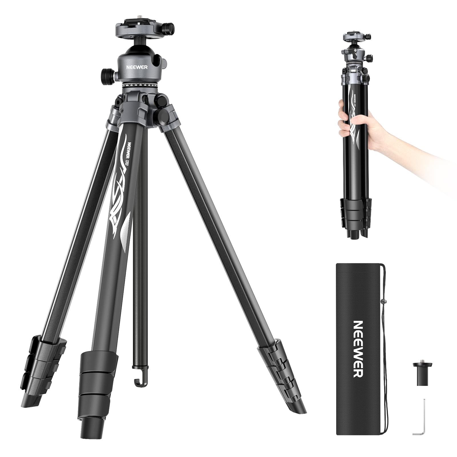 NEEWER LITETRIP LT07 61" Treppiede da Viaggio in Alluminio per Fotocamera con Testa Sfera a Basso Profilo, Piastra QR Arca Compatibile con Peak Design Tripod Plate V3, Doppio Asse Centrale, Max 10kg