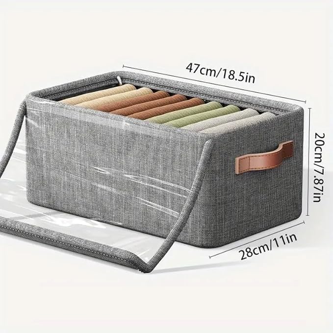 Image of Folding Storage Box with Transparent Lid | Fabric Collapsible Organizer with Steel Frame & Handles | Clothes Storage Bin for Wardrobe, Closet & Home