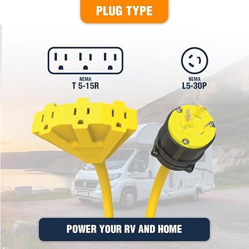 Vista 2 de Journeyman Pro - Adaptador de cable de alimentación para generador L5-30 a triple 5-15R, divisor de 3 vías de 30A a 15A/110V, cables de distribución