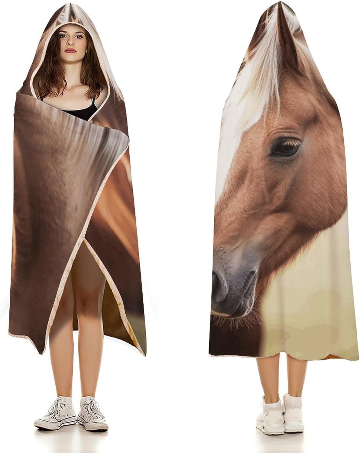 Adorable Horse Wearable Hooded Blanket, Ultra Soft Arctic Velvet Cape Cloak Unisex - Cozy Wearable Blanket