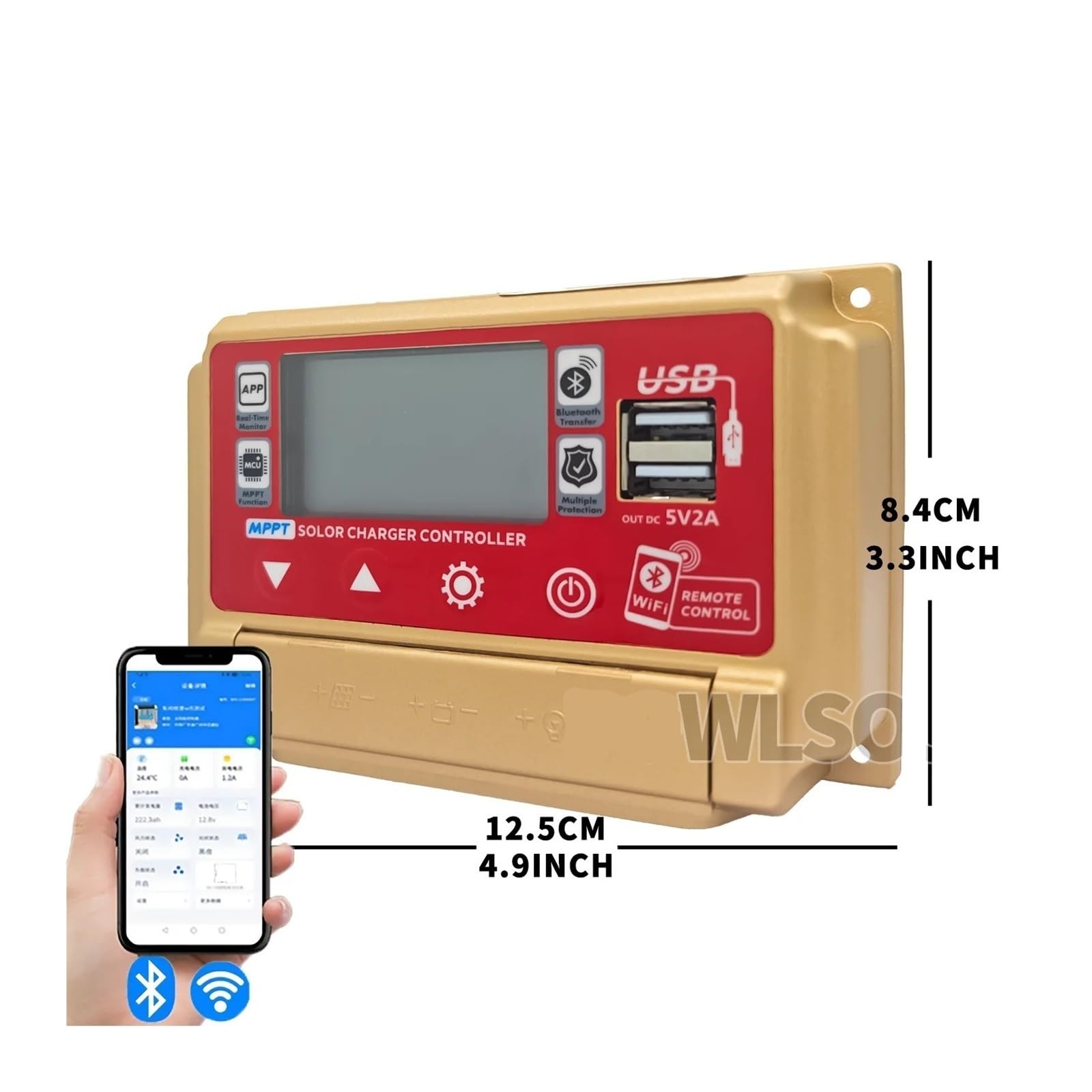 Kontroler ładowania słonecznego z Bluetooth/Wi-Fi, wyświetlacz LCD HD, podwójny USB, metalowe rozpraszanie ciepła i inteligentna ochrona dla 12 V/24 V (tylko Bluetooth, 30A)