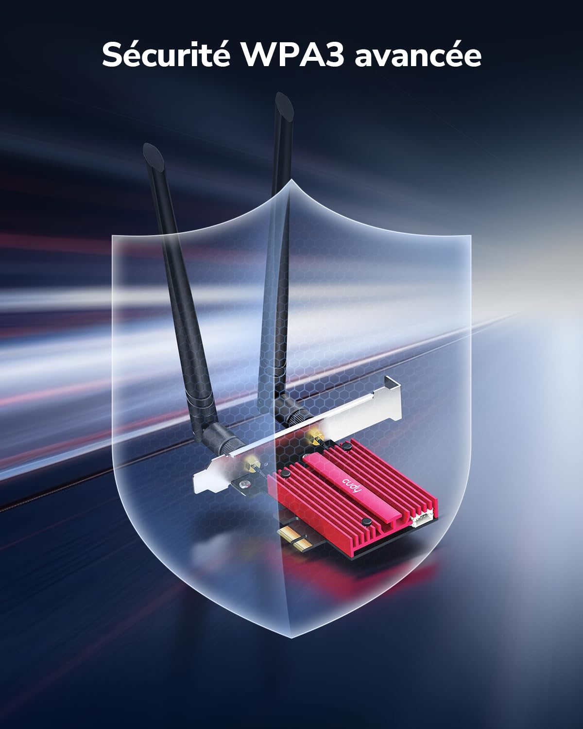 Cudy AX5400 Tri‑Band Wi‑FI 6E Bluetooth PCI‑E Adaptateur PC WE3000S | Module Intel AX210, 2,4/5/6GHz jusqu’à 5400Mbps, Bluetooth 5.3, slot PCIe, WPA3, OFDMA MU-MIMO, Win 10/11