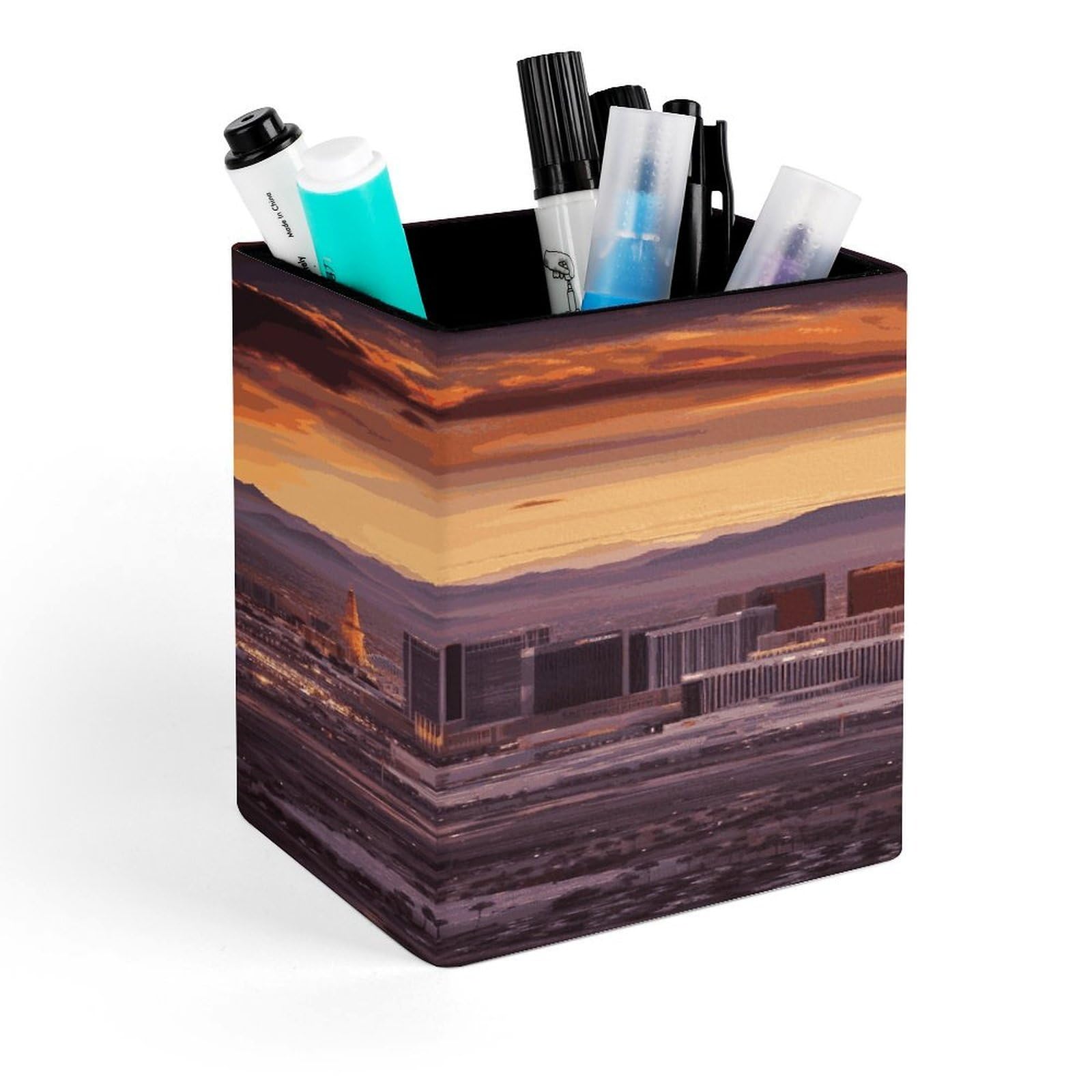 FekiLoot Las Vegas Sunset Pen Holder Personalized Desktop Pencil Holders Case Office Accessories Container Box for Square Pen Cup Desktop Organizer Makeup Brush Holder Caddy Storage