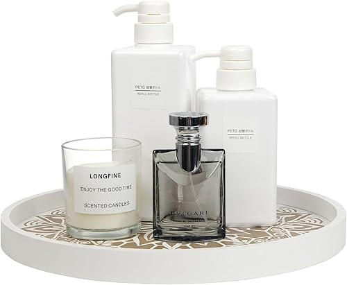 Bandeja decorativa de madera redonda rústica para mesa de café, decoración de granja con patrón de flores de mandala, bandeja otomana bohemia para