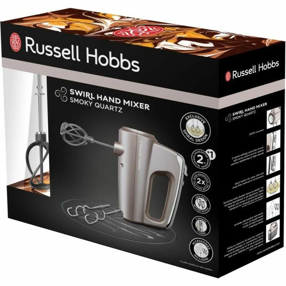 Russell Hobbs Handmixer [Handrührgerät inkl Aufbewahrungsbox für Zubehör] Swirl Quartz (4 Geschwindigkeitsstufen + Turbofunktion, 2 Helix-Rührbesen aus glasfaserverstärktem Nylon, 2 Knethaken)25892-56