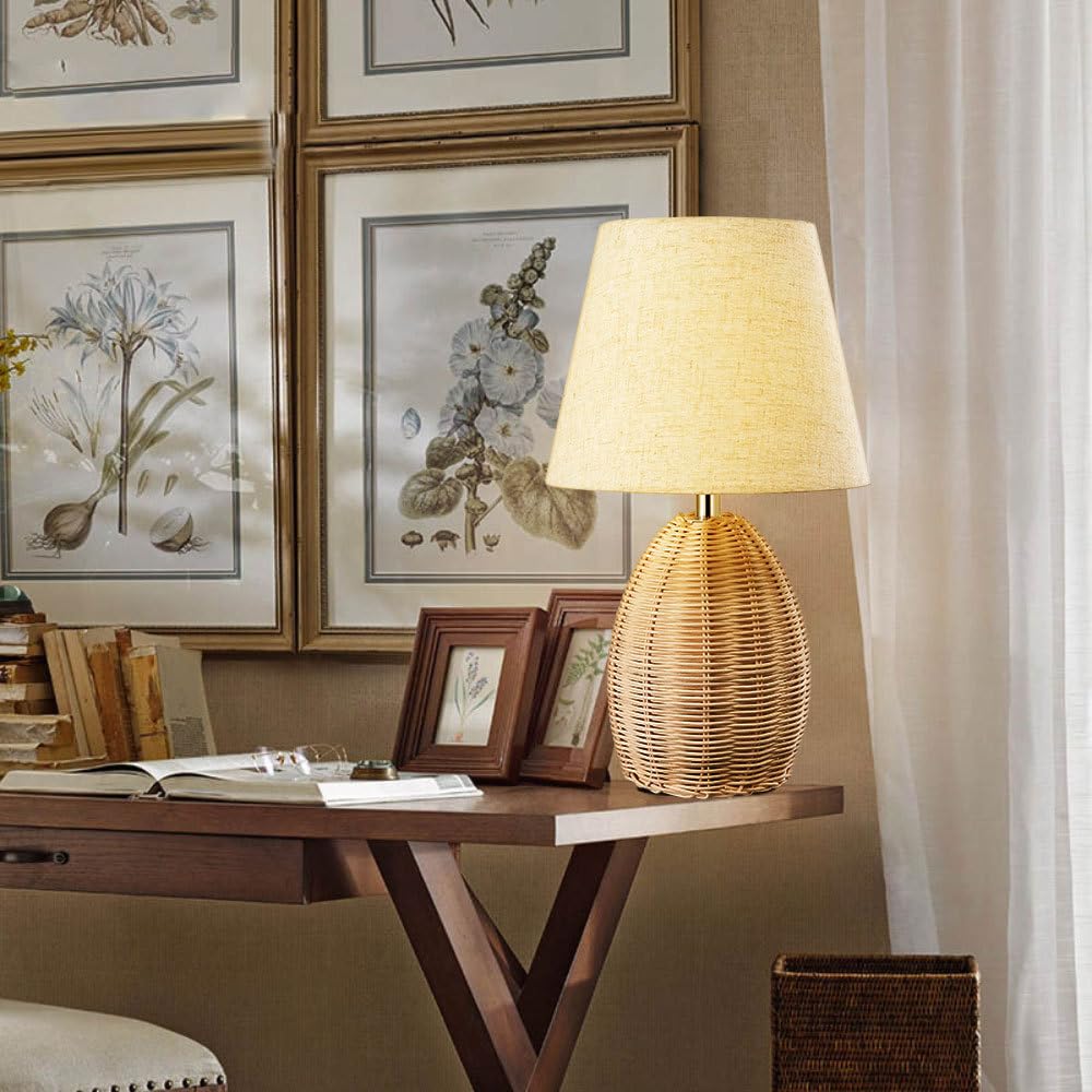 GOEBLESON Nachttischlampe 2er Set Rattan - Boho Tischleuchte Mit LED-Birne 4W 2400K