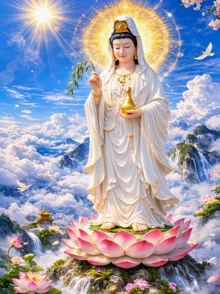 GLTEYACO Pre-Printed Cross Stitch Kits Statue of Guanyin 11CT Stamped Embroidery Kit for Adults Beginners DIY Embroidery Pattern Art Craft Decor 40x50 cm