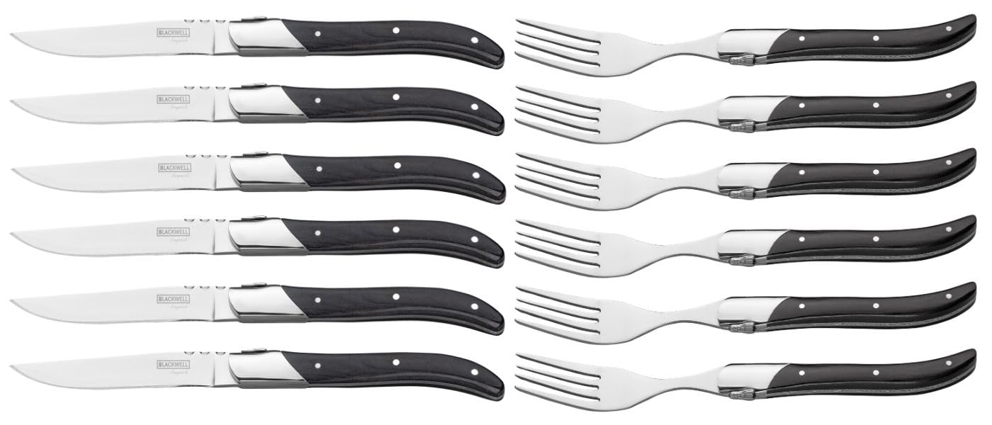 Blackwell Laguiole Steakbesteck Set 12-teilig | 6 Steakmesser + 6 Steakgabeln | Ebenholz | Edelstahl | Geschenkbox