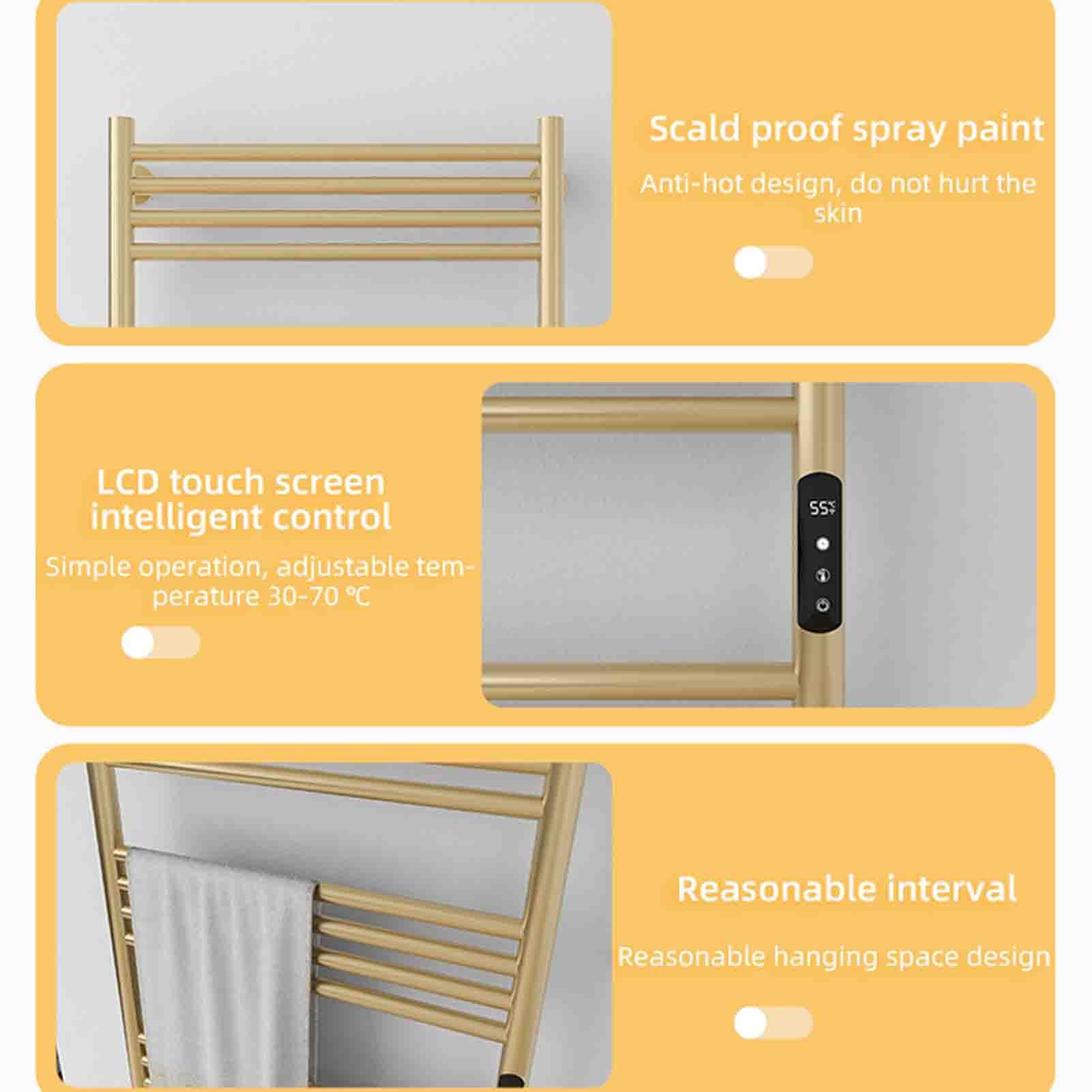 Toallero eléctrico calefactable, Moderno toallero eléctrico Dorado con Temporizador, de Acero al Carbono, de Montaje en Pared, ahorrador de energía para baños., Gold-220V Right Line