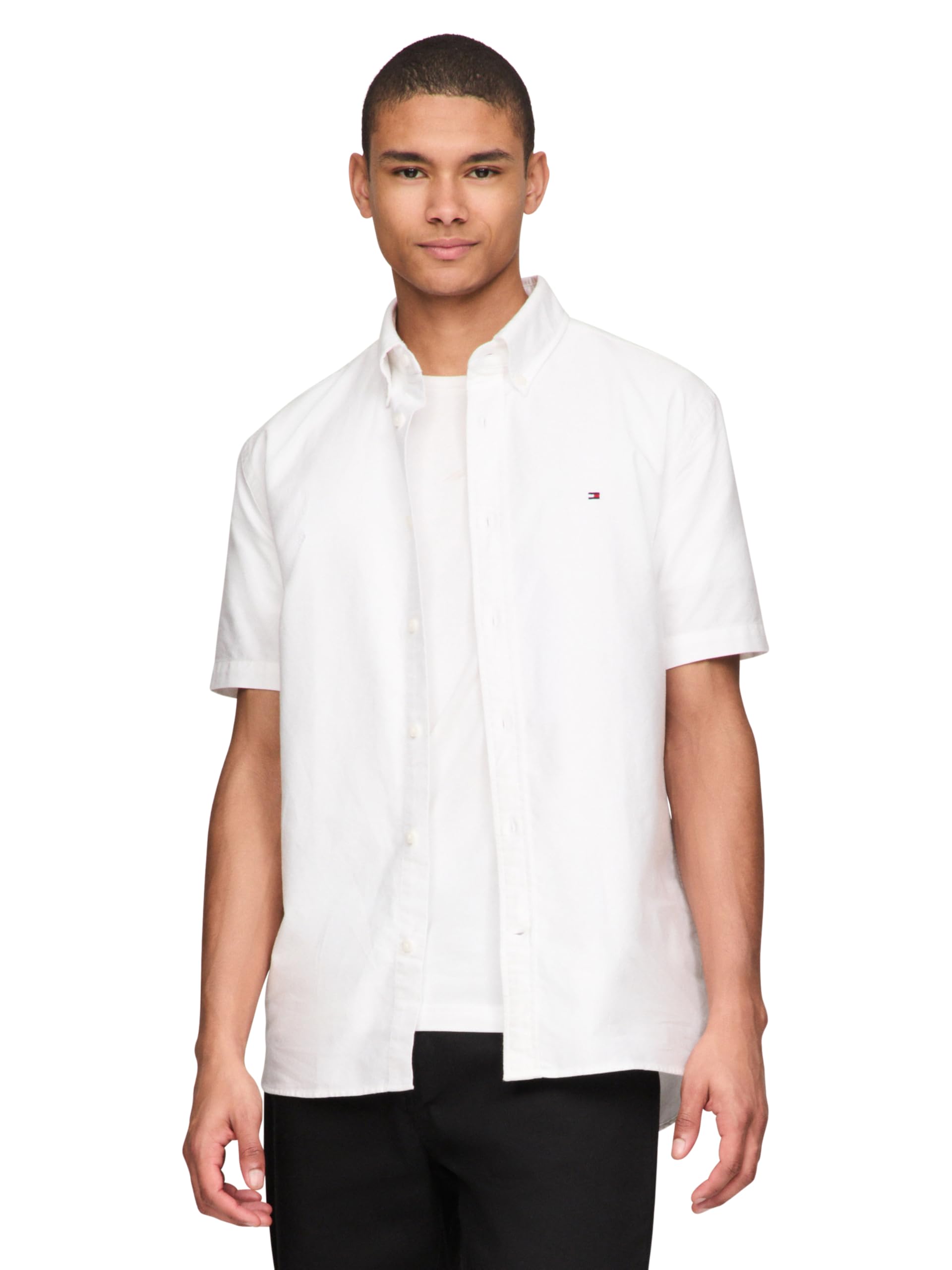 Tommy Hilfiger Men's Optic White Short Sleeve Oxford Regular Fit, Button Down Shirts, Large