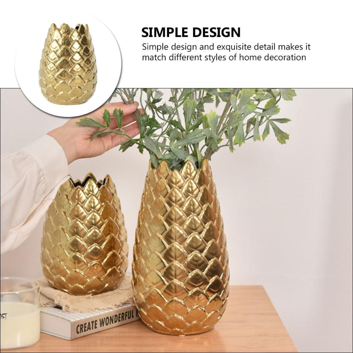 Jarrón Decorativo Diseño Sencillo y Artístico Estilo Nórdico de Cerámica Dorado y Contenedor de Flores Redondo para de Escritorio