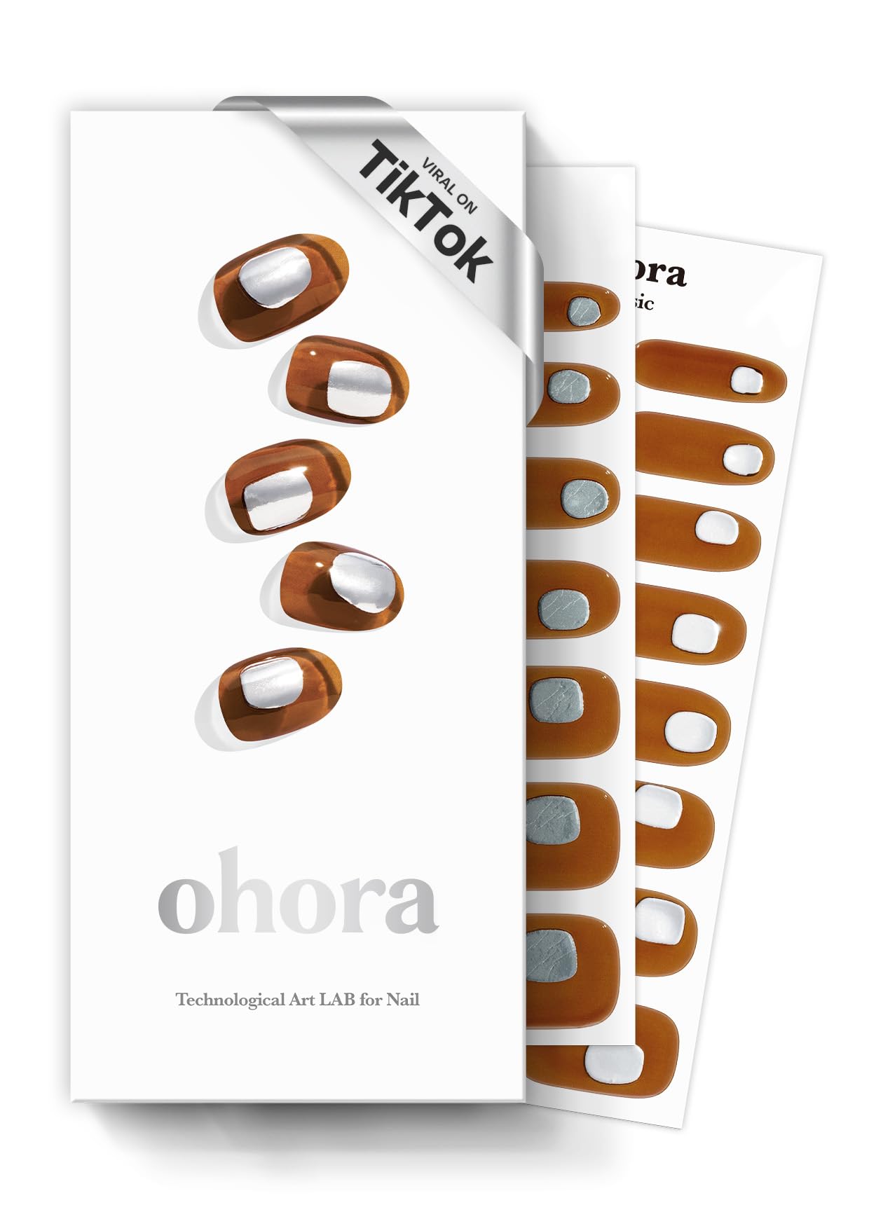 ohora Semi Cured Gel Nail Strips (N Ambassador) - Brown, Patterned, Works with UV/LED Lamps, Salon-Quality, Long Lasting, Easy to Apply & Remove - Includes 2 Prep Pads, Nail File & Wooden Stick